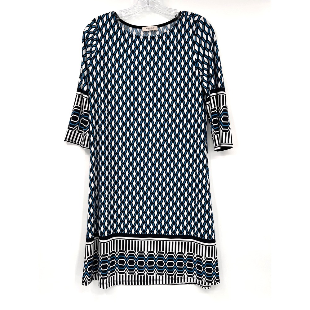 GILLI Women's Sz S Black/Turquoise/White Geometric Print 3/4-Sleeve Shift Dress